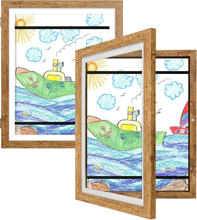 iRahmen Kids Art Frames 10x12.5 Set of 2 - Front Opening Childrens Picture Frame Changeable, Wood Artwork Display Storage for Wall Mount, Magnetic Door Holds 50 Art Pieces for Drawings, 3D Picture, Crafts, Portfolio, Brown