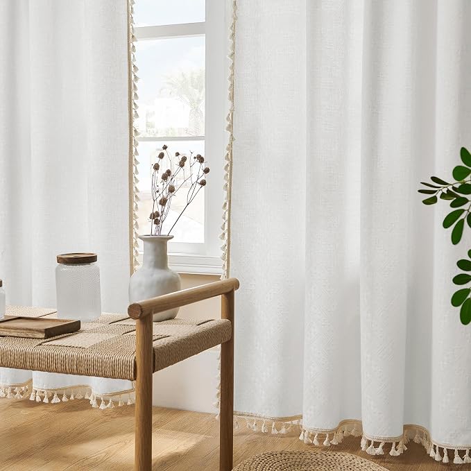 Joydeco Custom Boho Curtains 1 Panel, Boho Curtains for Bedroom Living Room, Super Soft Light Filtering Country Rustic Semi Sheer Farmhouse Curtains Rod Pocket (Custom, White)