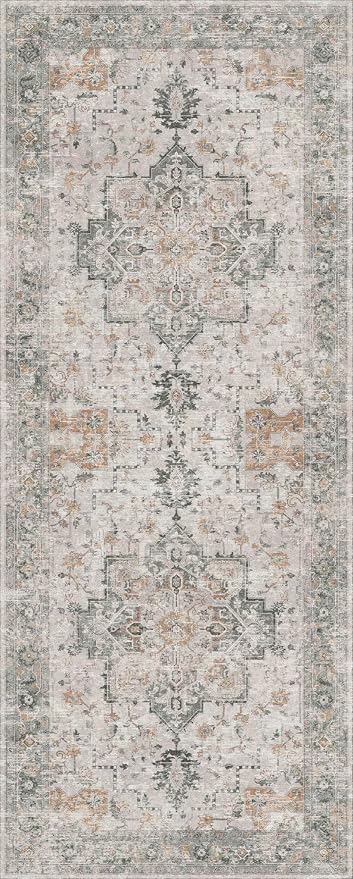GENIMO Runner Rug 2x12, Non Slip Vintage Hallway Runner Rugs, Low Pile Lightweight Machine Washable Mat for Hallway, Entryway, Bedroom, Kitchen and Corridor,Light Taupe Brown