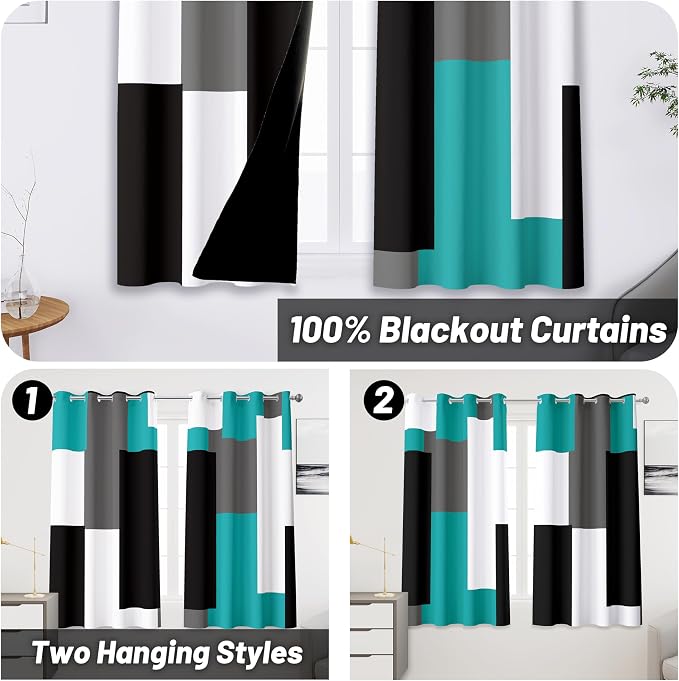 Tyrot Teal/Turquoise 100% Blackout Curtains 45 inch Length 2 Panels Set Black White Grey Modern Abstract Geometric Drapes for Kitchen Curtains Insulated Room Darkening Small Window Curtains, 52Wx45L