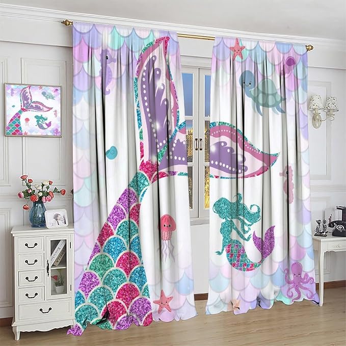 YCness Mermaid Curtains for Girls Bedroom Decor Fantasy Rainbow Colorful Cartoon Underwater Animals Art Printed Blackout Window Drapes Fabric Set 2 Panel 42x45 Inch 30% Shading Rate
