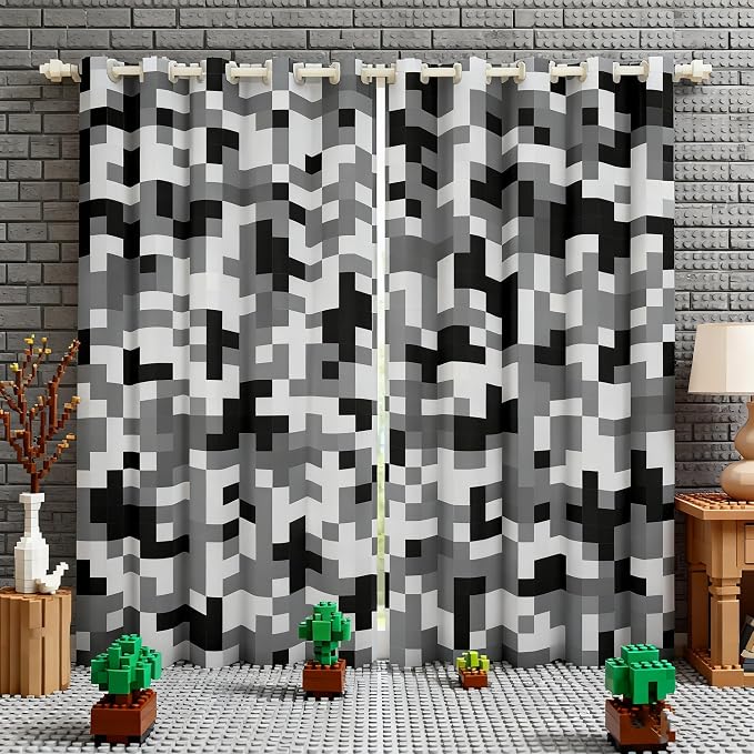 Castle Fairy Grey Black Camo Window Curtain,Geometric Pixelated Themed Living Room Decor Curtains,Boys Teens Modern Camouflage Window Treatment Video Games Blackout Drapes 2 Panels,52Wx63L