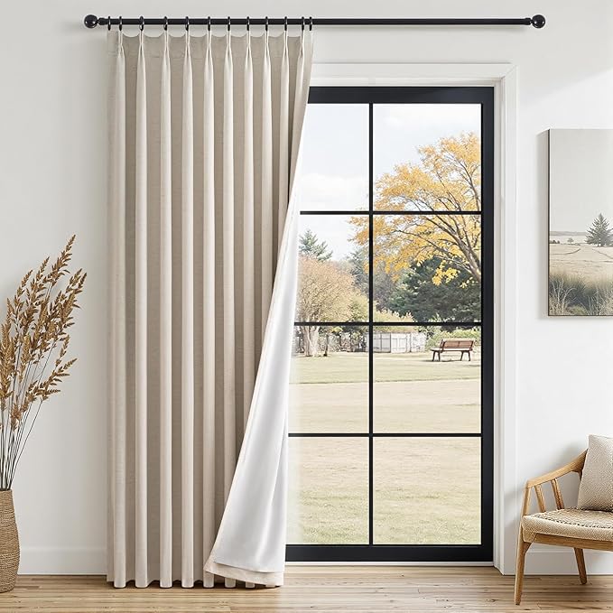 100% Blackout Curtains for Bedroom 84 Inches Long,Textured Beige Pinch Pleated Linen Black Out Advanced Curtains 1 Panels Set,Thermal Insulated Farmhouse Curtains for Living Room Track System
