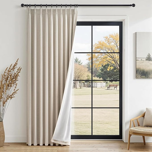 100% Blackout Curtains for Bedroom 84 Inches Long,Textured Beige Pinch Pleated Linen Black Out Advanced Curtains 1 Panels Set,Thermal Insulated Farmhouse Curtains for Living Room Track System