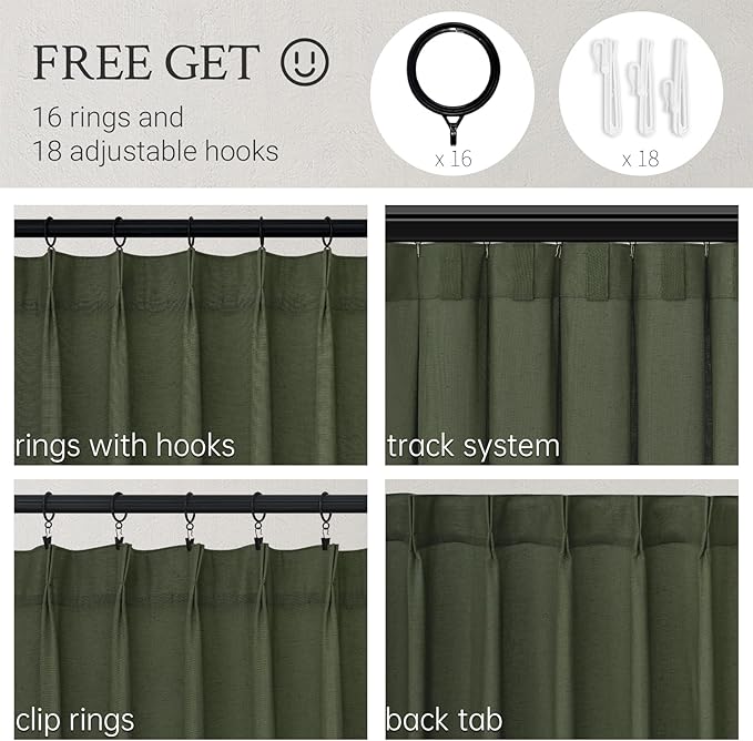 Topfinel Olive Green Pinch Pleated Linen Curtains 95 Inch Length 2 Panels for Living Room Bedroom Semi Sheer Window Curtain Boho Neutral Back Tab Pinch Pleat Drape with Hooks 95 Inches Long