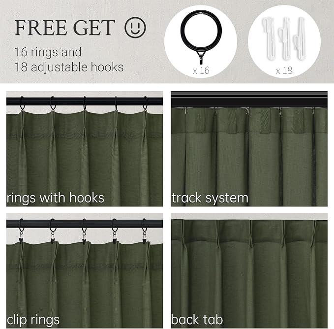 Topfinel Olive Green Pinch Pleated Curtains 105 Inch Length 1 Panels for Bedroom Living Room Textured Semi Sheer Window Curtain Boho Neutral Back Tab Pinch Pleat Drape with Hooks 105 Inches Long