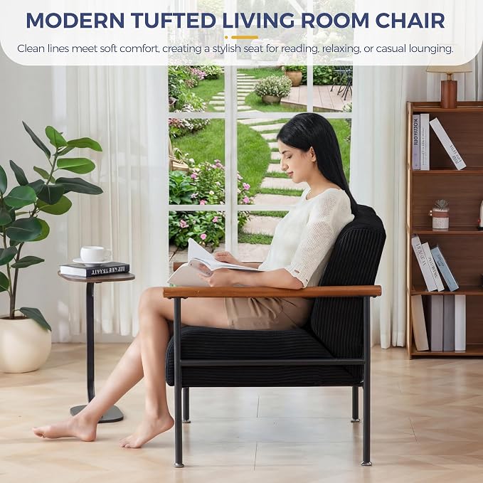 MAXYOYO Living Room Accent Chair, Modern Chair with Metal Frame | Upholstered Reading Chair Modern Living Room Chair with Support Cushion for Bedroom Balcony Porch, Black