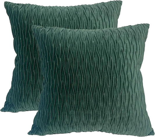 18x18 Inch Soft Velvet Throw Pillow Covers Set of 2 Soft Decorative Cushion Cases with Texture for Sofa Couch Bed Living Room (Dark Green)