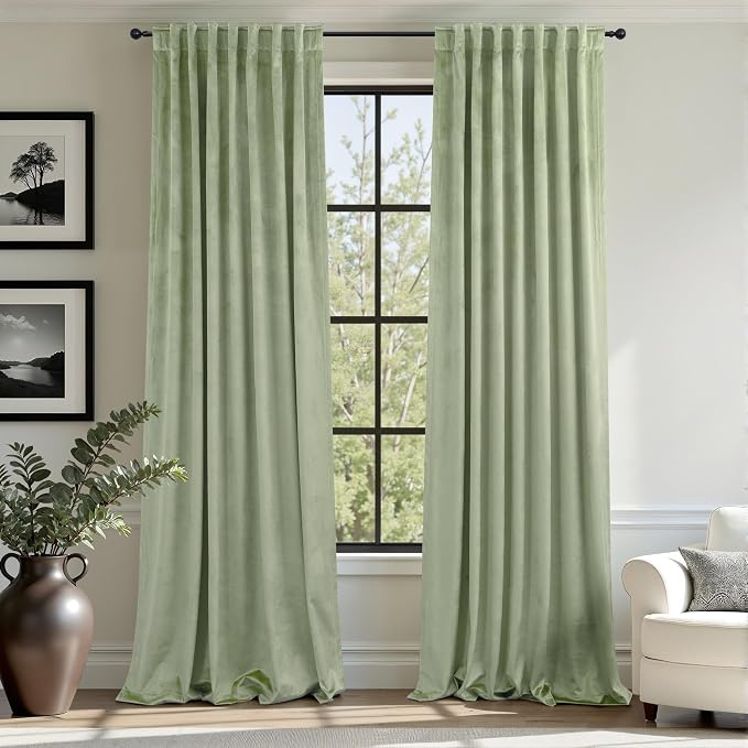 102 Inch Curtains Sage Green Velvet Long Curtain for Living Room Darkening Thermal Classic Solid Heavy Duty Neutral Window Drape for Bedroom Aesthetic Hallway Cottage Core Retro Holiday Decor 2 Panels