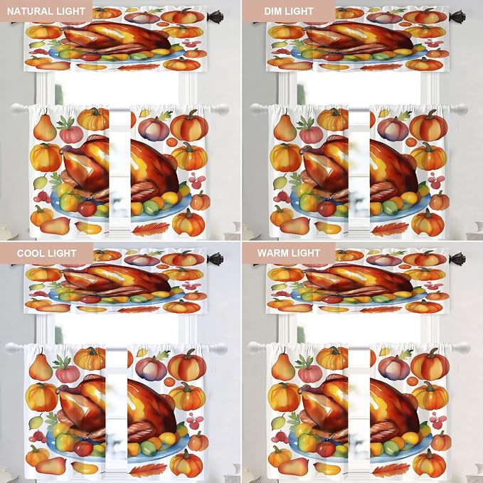 Shrahala Turkey Pumpkin Thanksgiving Blackout Curtain Tiers, Watercolor Fruits Delicious Food Pears Kitchen Valance Light Blocking Tier Drapes with Rod Pocket, 2 Pack 26 X 36 in