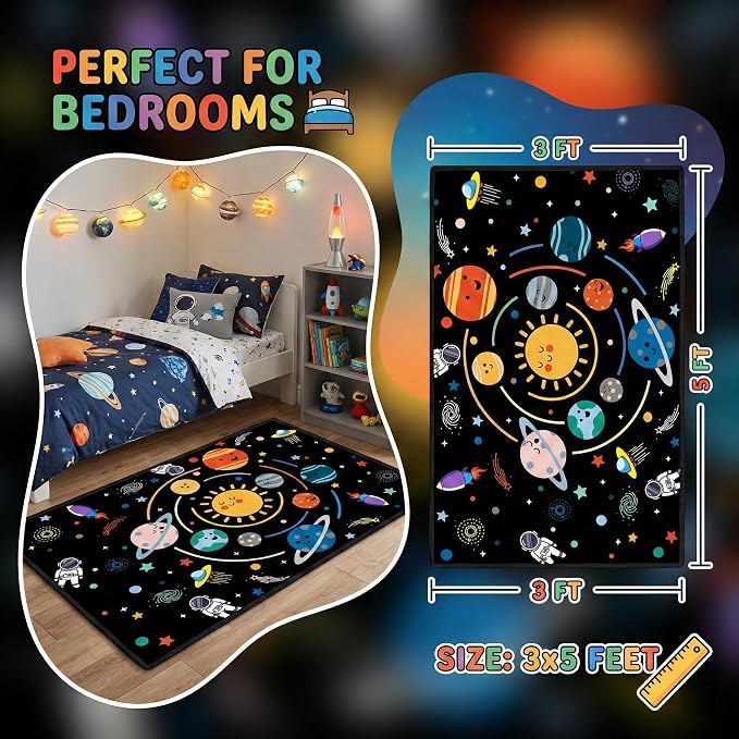 Space Rugs for Kids Bedroom,Outer Space Rug for Boys Room with Solar System,Planets Theme Area Carpet for Bedroom Playroom Classroom Decor,3'×5'