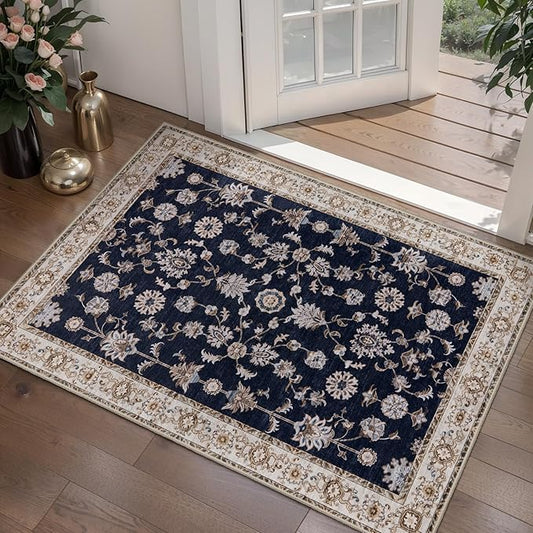 Tangsoo 2x3 Small Rugs for Entryway Washable Entry Rug Non Slip,Vintage Black Beige Floral Indoor Throw Rugs Small Carpet Soft Low Pile Boho Front Door Mat for Entrance Bedroom Kitchen Bathroom Foyer