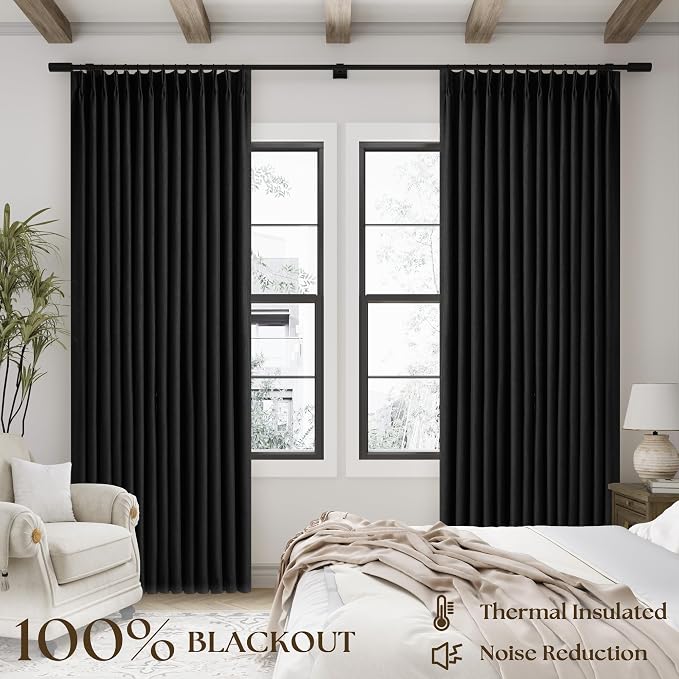 TWODRAPES Black Pinch Pleated Linen Blackout Curtains 2 Panels for Living Room Bedroom Thermal Insulated 100% Black Out Linen Drapes with Liner Room Darkening Window Curtains 40x84