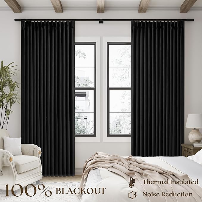 Black Pinch Pleated Linen Blackout Curtains 2 Panels for Living Room Bedroom Thermal Insulated 100% Black Out Linen Drapes with Liner Room Darkening Window Curtains 40x120