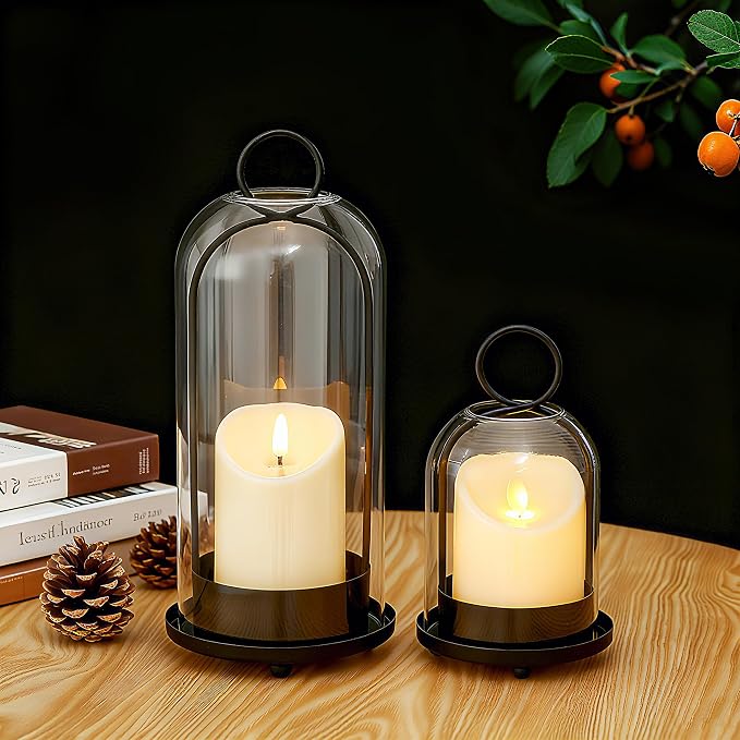 Hurricane Candle Holders Set of 2, 5" & 4" Metal and Glass Candle Lantern with Clear Dome for Pillar Candle, Wedding & Christmas Table Centerpiece, Farmhouse Home Decor (Black, Large & Small)