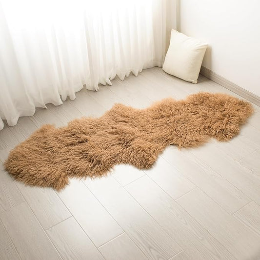 100% Genuine Sheepskin Area Rug Real Lightweight Fluffy Soft Mongolian Long Wool Fur Carpet for Couch Bed Sofa Bedroom Living Room Camel 2x5ft