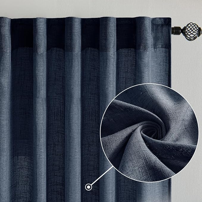MIULEE Navy Blue Linen Curtains 63 Inch Length 2 Panels for Bedroom Living Room, Soft Thick Linen Textured Natural Kitchen Window Drapes Semi Sheer Light Filtering Back Tab Rod Pocket Burlap Look