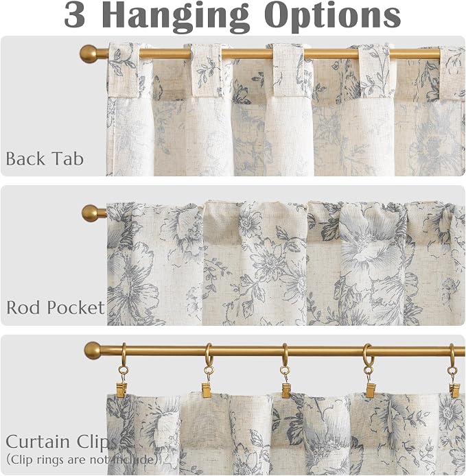 jinchan Linen Floral Tier Curtains 45 Inch Farmhouse Botanic Grey Cafe Curtains Light Filtering Drapes for Small Windows Back Tab Half Window for Kitchen Living Room Bathroom 2 Panels Gray