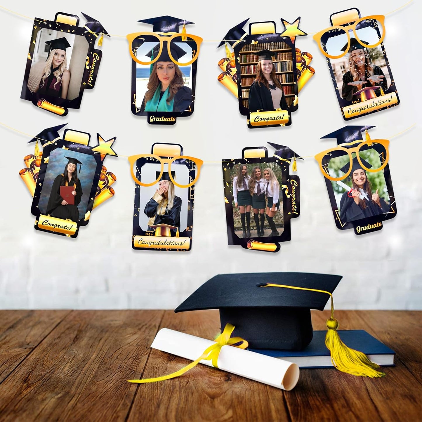 pinkblume Graduation Party Decorations Black and Gold Grad Photo Banner Congrats Grad Photograph Bunting Garland for 2025 Graduation Celebration Party Decorations Supplies