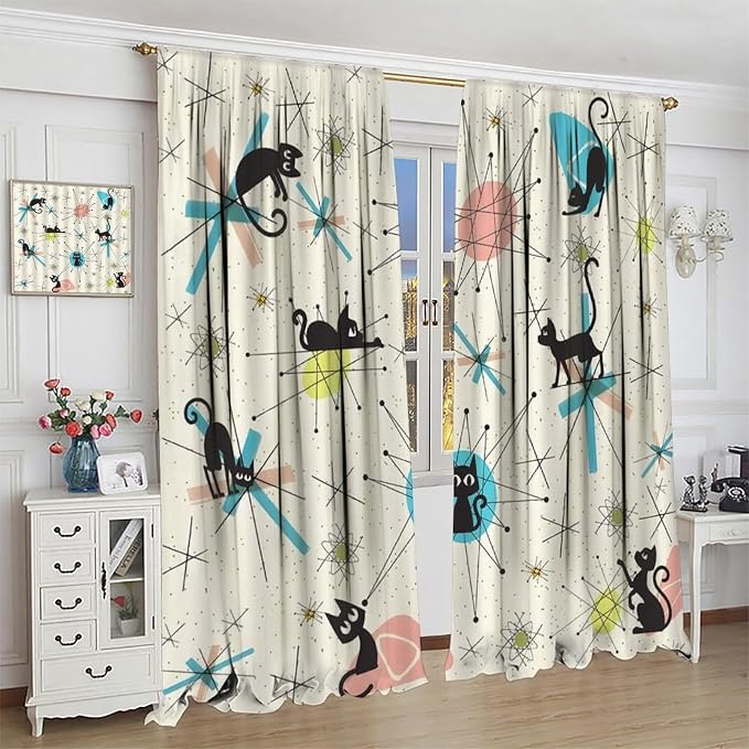 JESTRONRY Mid Century Curtains, Black Cat Atomic Stars Abstract Geometric Vintage Kitty Animal Room Darkening Door Window Rod Pocket Curtain for Living Room Bedroom 84x84in