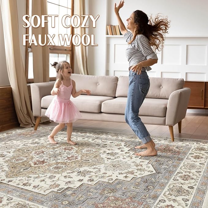 6x8 Area Rug Living Room: Washable Boho Large Neutral Vintage Soft Rugs Stain Resistant Farmhouse Non-Slip Indoor Floor Carpet for Bedroom Nursery Kids Playroom Office Dining Room- Orange Beige