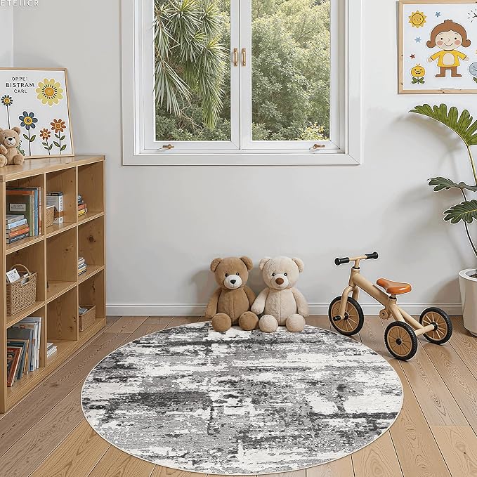 4ft Round Area Rugs for Living Room: 4x4 Abstract Washable Rug Modern Large Soft Stain Resistant Non-Slip Backing Machine Table for Bedroom Dining Room Indoor Home Office Carpet - Black Grey
