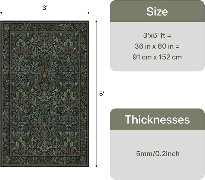 GENIMO 3x5 Washable Entryway Rug, Non Slip Bedroom Mat, Dark Green | Vintage Boho Floral Low Pile Thin Carpet for Bedroom, Dining Room, Nursery, Indoor Decor