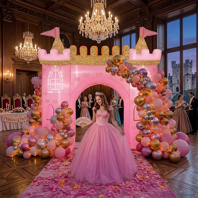 10ft Princess Inflatable Arch Castle with Built-in LED Lights, Pink Princess Party Decorations Blow up Archway for Girl Birthday Baby Shower Outdoor Yard Lawn Decor