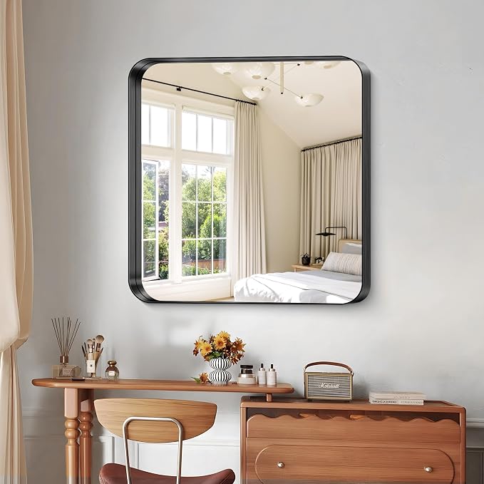 CIRCUMI Black Bathroom Mirror, 30"x30" Rectangular Mirror with Deep Metal Frame, Rounded Corner, Tempered Glass, Square Mirror for Wall, Oversink, Bedroom, Living Room, Vanity, Entryway, Crystal-Clear
