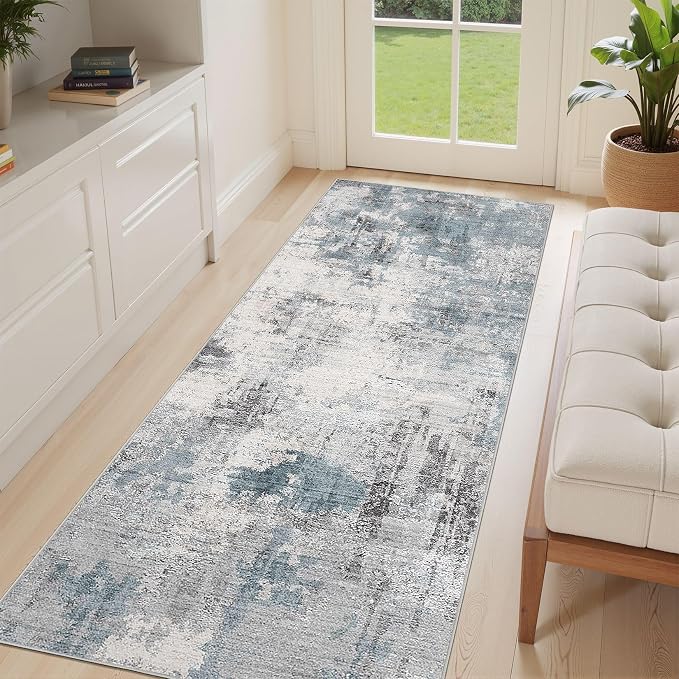 Abstract 3x8 Runner Rug: Machine Washable Non Slip Ultra Thin Low-Pile Carpet, Soft Stain Resistant for Hallway Kitchen Bathroom, Kid Pet Friendly, Robot Vacuum Compatible - Grey Blue