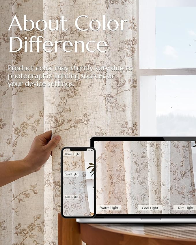 jinchan Taupe Floral Linen Curtains 90 Inch Farmhouse Back Tab 2 Panels | Flower patterned drapes, french country, light filtering, semi sheer, printed, bedroom, living room, office, window treatment