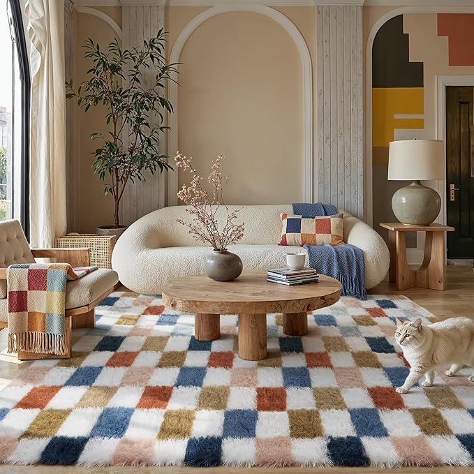 PureCozy Checkered Rug 7x10 for Living Room, Modern Rainbow Shag Rug Washable Non-Slip Large Area Rug Super Soft Indoor Fuzzy Carpet Fluffy Rugs for Bedroom Home Aesthetic Decor