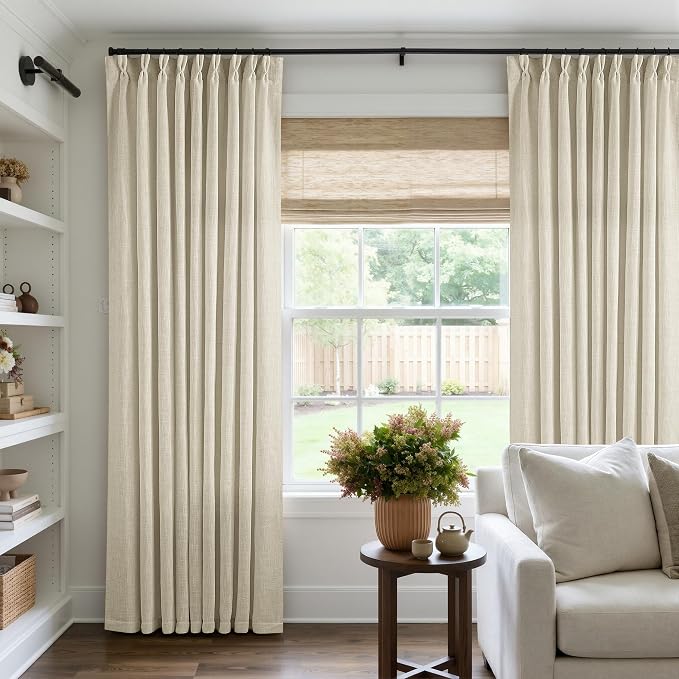 TWODRAPES Extra Wide Pinch Pleat 60 x 84 Inch Linen Curtains for Living Room Beige Light Filtering Semi Sheer Pleated Curtains for Patio Glass Sliding Door Dining Bedroom Large Window 60x84 1 Panel