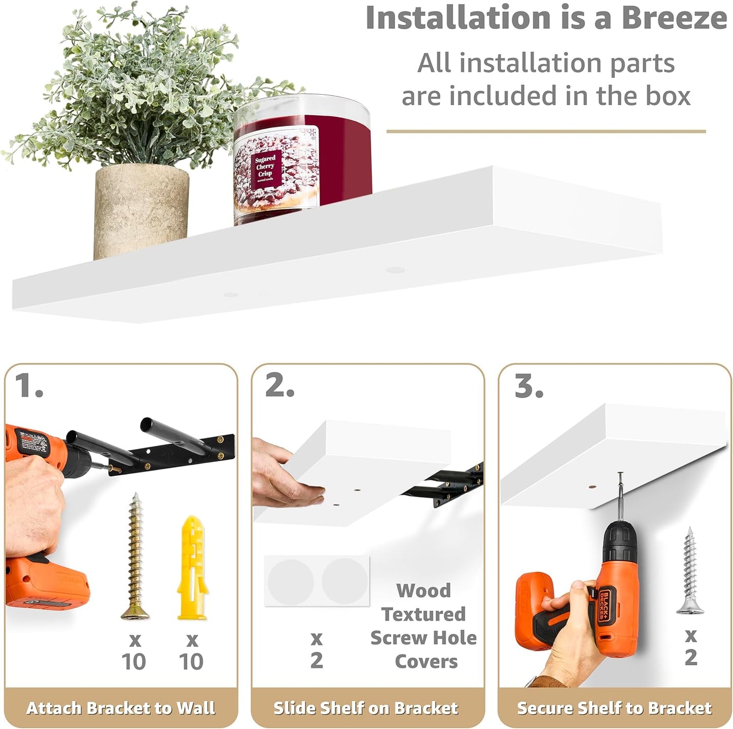 Sorbus Floating Shelves for Wall - 24" Bathroom Shelves, Wall Decor for Bedroom, Kitchen, Living Room, Home Decor & Book Storage - Mounted Floating Shelf with Invisible Brackets (White, 3 Pack)