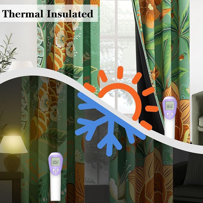 Tyrot Sage Green Boho Floral 100% Blackout Curtains for Bedroom 63 inch Long 2 Panels Butterfly Botanical Black Out Curtains for Living Room Grommet Thermal Insulated Room Darkening Drapes,52Wx63L