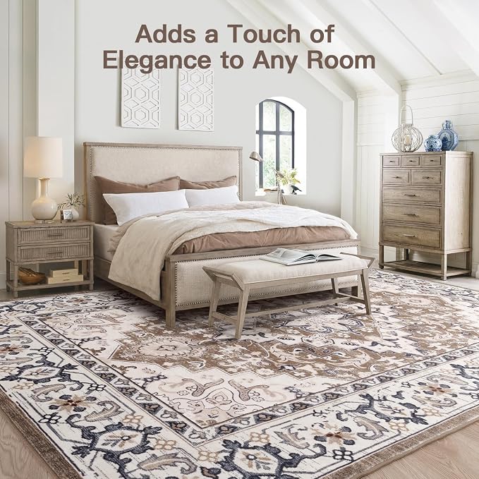 Lofus 5x8 Area Rugs for Living Room, Washable Area Rug, Rugs for Bedroom, Kitchen, Vintage Boho Carpet, Soft Non-Slip, Low Pile Large Area Rug for Office Dining Room, Floral Brown