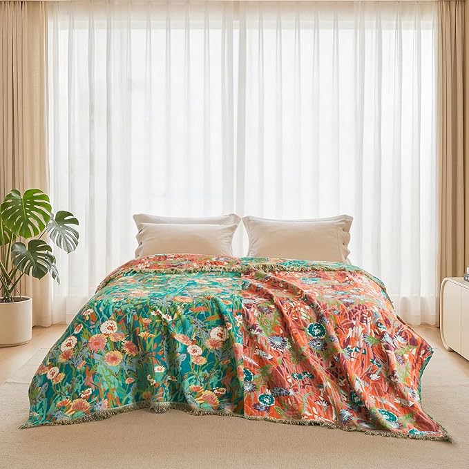 Boho Throw Blanket - 90"x108" 100% Cotton Ultra Soft Lightweight Spring Blanket, 4-Layer Breathable Muslin Blankets for Bed Couch, Reversible Green Floral Printed Bohemian Cotton Quilt