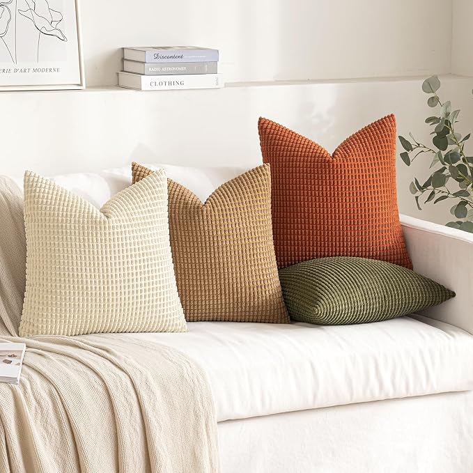 MIULEE Farmhouse Decorative Pillow Covers 20x20 Inch Set of 4 Brown Green | Modern Natural Rustic Throw Pillows Neutral Warm Soft Corduroy Couch Pillowcases Home Decor for Sofa Living Room Bed