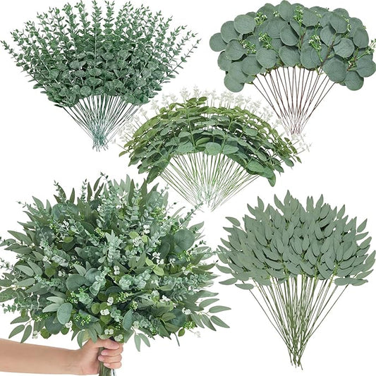 Alecono 200pcs Mixed Eucalyptus Leaves Stems Bulk, 4 Kinds Artificial Greenery Stems Faux Sliver Dollar Fake Greenery for Centerpieces Wedding DIY Bouquets Floral Arrangement Party Decor