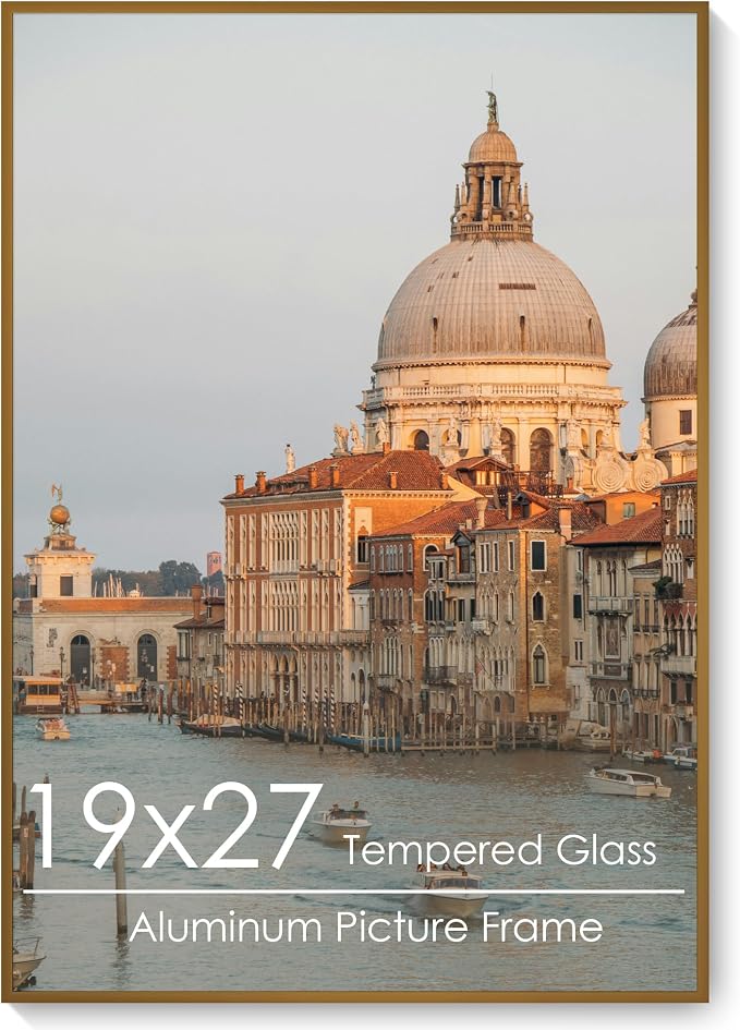 19x27 Metal Picture Frame, Aluminum Poster Frame with Real Glass, Bronze | Warm Bronze 27x19 Frame with Tempered Glass for Wall Display, Posters, Art & Photos | Wall Kit Included
