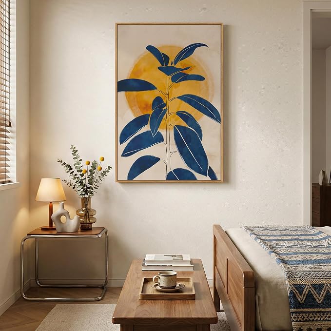 Framed Abstract Boho Blue Yellow Wall Art for Living Room, Mid Century Modern Sun and Leaf Canvas Artwork for Walls, Vertical Paintings Prints Pictures Wall Decor for Bedroom Kitchen Home, 24x36 Inch