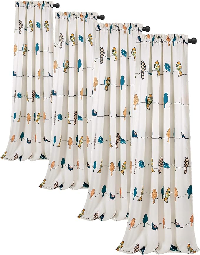 Lush Decor Rowley Birds Light Filtering Curtains 52"x95", Multi - Decorative Panels w/Colorful Floral & Whimsical Bird Print for Bedroom, Living Room or Dining Room (Pack of 8)