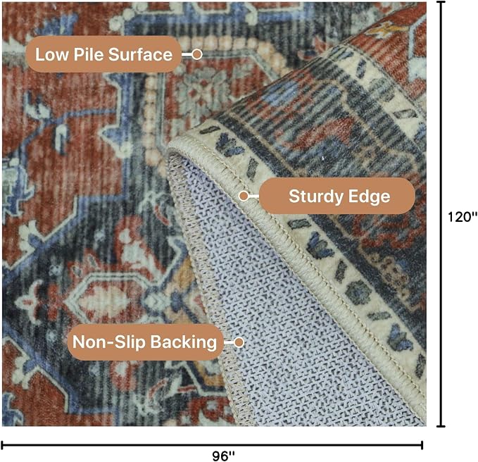 GENIMO 8x10 Area Rugs for Living Room, Machine Washable Non Slip Vintage Rugs, Low Pile Lightweight Print Rug for Bedroom, Dining Room, Home Office,Bordeaux
