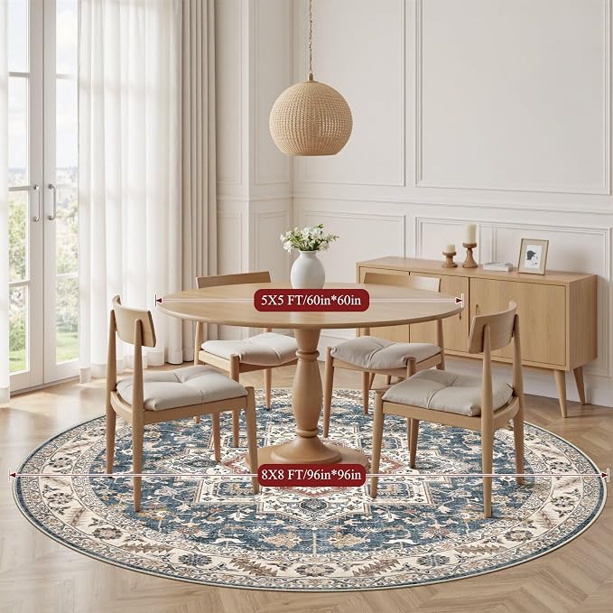 8ft Round Vintage Living Room Area Rug - 8x8 Large Soft Washable Oriental Traditional Distressed Farmhouse Rugs for Bedroom - Indoor Floor Accent Carpet for Home Office House Decor - Vintage Blue