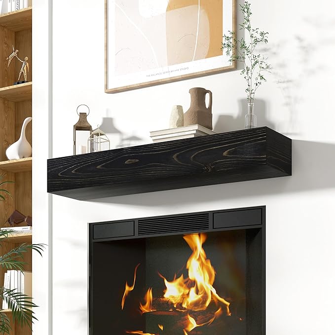 Acovy Floating Fireplace Mantel Shelves, 48x8x5 Inches Natural Wooden Floating Shelf for Over Fireplace, Wall-Mounted Mantel Shelf for Living Room and Home Decor, Black