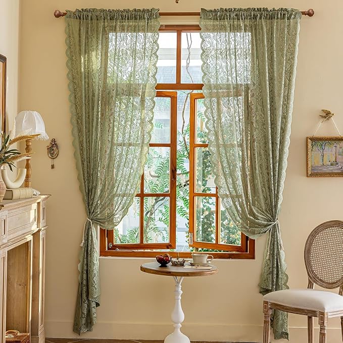 ALIGOGO Sage Green Sheer Curtains 72 Inches Long - Floral Boho Lace Curtains for Bedroom French Door Sliding Door, Vintage Privacy Scalloped Edges Easter Spring Summer Decor, 52 x 72 Inch, Light Green