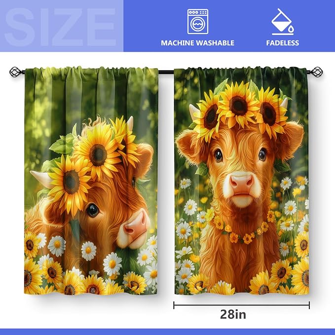 Highland Cow Sunflower Kitchen Curtains - Cute Country Rustic Farmhouse Short Cafe Curtains Decor for Dining Room Tier Curtains Over Sink Rod Pocket Window Drapes 45 Inch Length 2 Panels Set, 28"x45"