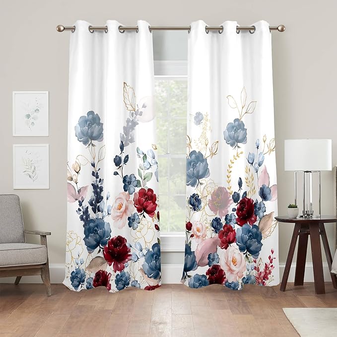Renaiss Floral Blackout Curtains Watercolor Gray Blue and Red Peony Flower Bloossom Thermal Insulated Window Drapes for Bedroom 53W x 96L inches 2 Panel Set Window Curtains for Living Room