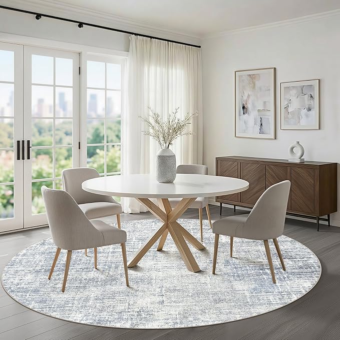 10ft Round Rug Living Room: 10x10 Washable Large Neutral Blue Circle Area Rug Abstract Soft Modern Stain Resistant Indoor Floor Non-Slip Carpet for Bedroom Nursery Kids Office Playroom Dining Room