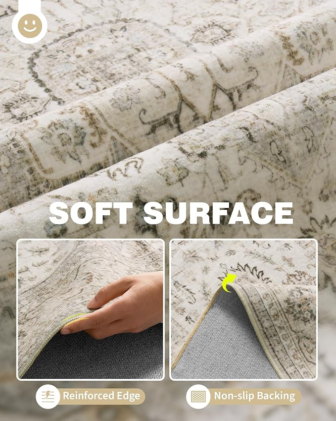 Roxstand 3x5 Area Rug - Washable Kitchen Rugs Non Slip,Soft Low Pile Small Rug for Entryway, Stain Resistant Vintage Area Rugs for Home Decor(Ivory/Beige, 3'x5')